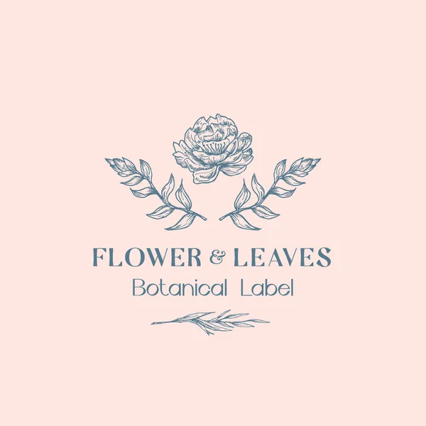 Fleur et feuilles Signe vectoriel abstrait, symbole ou modèle de logo. Croquis dessiné à la main Peony and Leaf Branches Illustration with Classy Typography. Carte romantique de qualité supérieure. — Image vectorielle