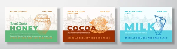 Hone, Cocoa Beans i Mleko Etykieta Szablony zestaw. Abstrakcyjny pakiet projektów opakowań wektorowych. Nowoczesna Typografia Banery z ręcznie rysowane krajobraz wiejski tle. — Wektor stockowy