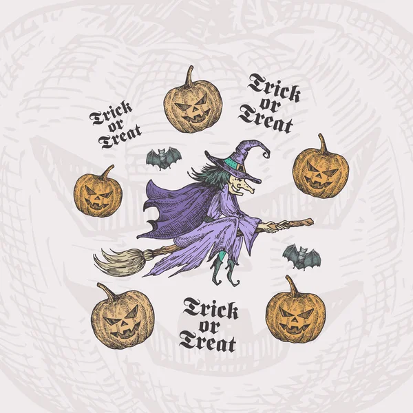 Trick or Treat Halloween Wektor tle lub szablon karty. Ręcznie rysowane czarownice na szczotce i dynie ze szkicem nietoperzy i klasyczną typografią. Wakacyjny skład dekoracyjny. — Wektor stockowy