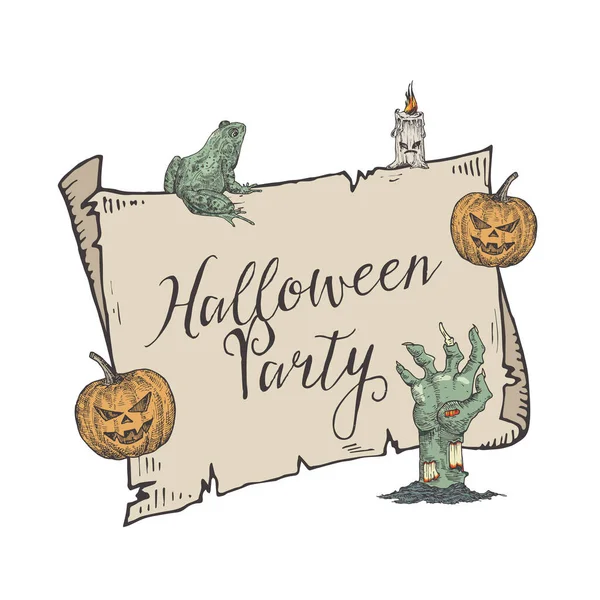 Halloween Party Vector Banner Sjabloon. Handgetekende Rolpapier achtergrond, Taod, Kaars, Pompoen en Zombie Arm schets illustraties. Vakantie Decoratieve Kaart. — Stockvector