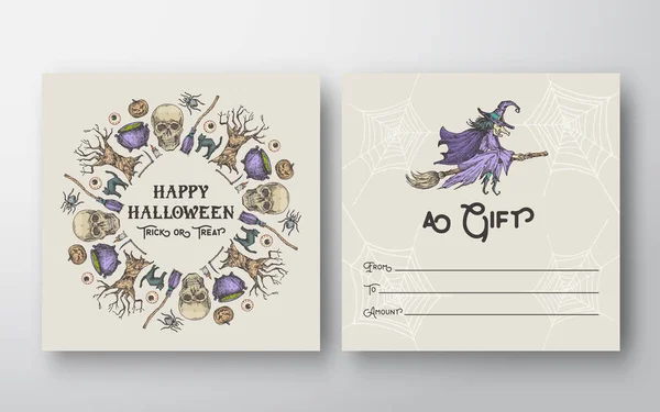 Halloween Abstract Vector Groet Cadeaukaart Achtergrond Sjabloon. Design Layout voor en achter met typografie. Soft Shadows and Sketch Pumpkins, Sculls and Witch on a Broom Illustrations Frame. — Stockvector