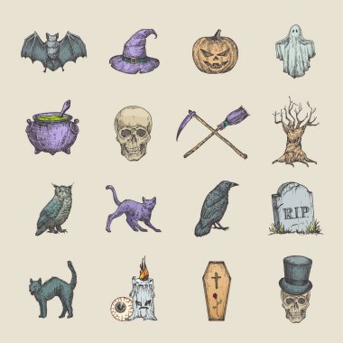 Retro Style Cadılar Bayramı Resimleri Koleksiyonu. El Kargası, Scull, Kedi, Yarasa, Cadı Şapkası ve Tombstone Eskiz Sembolleri veya Simgeler Kümesi. Sonbahar sezonu Tatil Amblemleri Paketi.