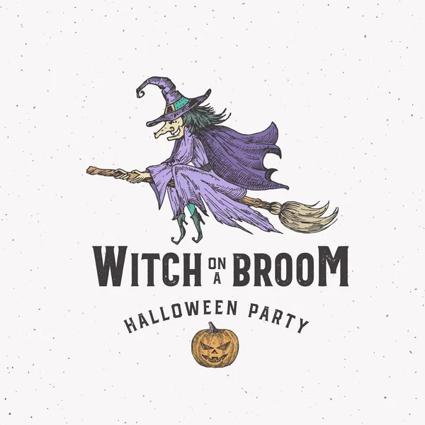 Heks op een Broom Halloween logo of Label Template. Handgetekende kleurrijke vliegende vrouw in een hoed en pompoen schets symbool met Retro Typografie. Shabby texturen. — Stockvector