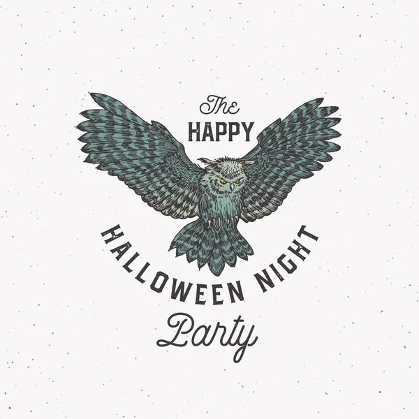 Flying Uwl Night Party Vintage Style Halloween logo of Label Template. Gekleurde handgetekende vogeltekening symbool met Retro Typografie. Shabby textuur achtergrond. — Stockvector