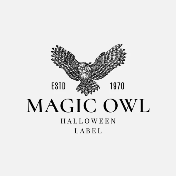 Halloween Logo atau Label Template. Hand Drawn Evil Flying Owl Bird Sketch Symbol and Retro Typography. - Stok Vektor