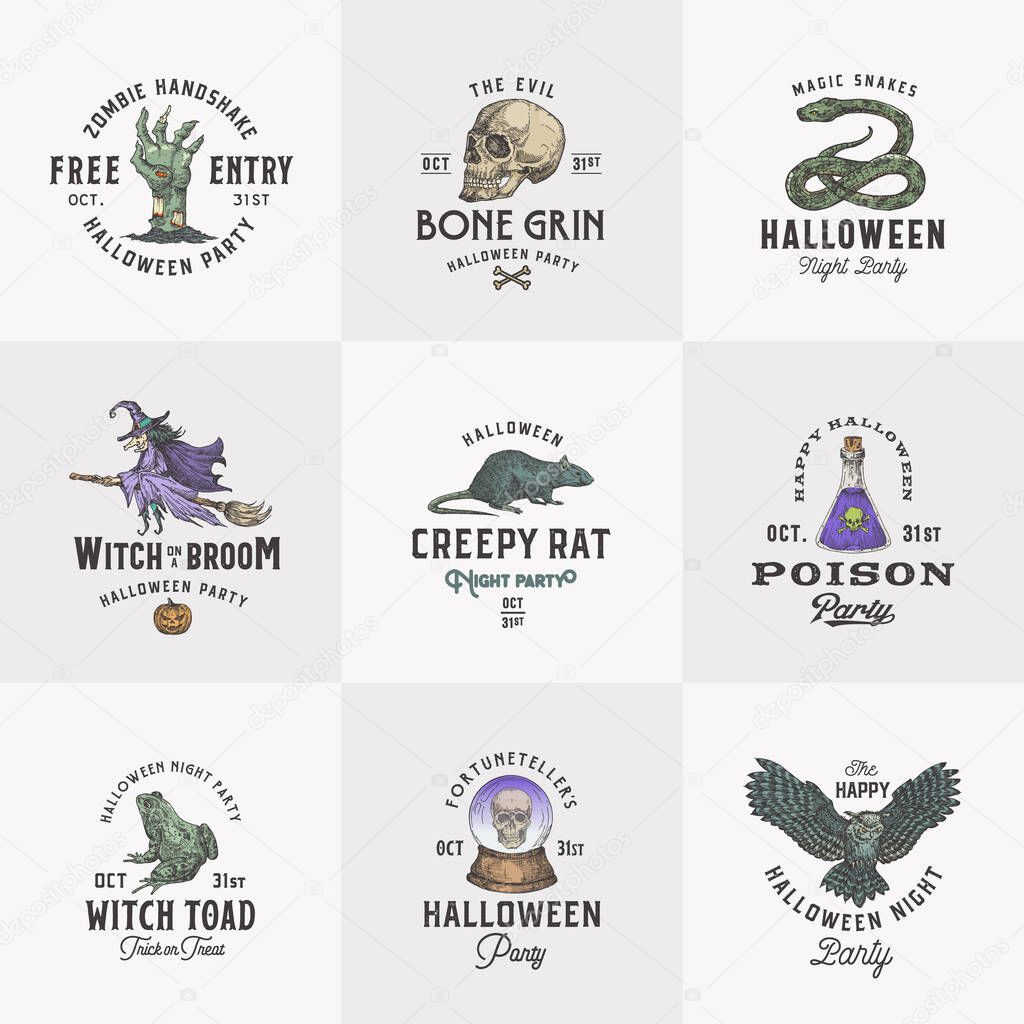 Vintage Style Halloween Logos or Labels Template Set. Hand Drawn Witch, Scull, Zombie Arm, Rat, Fortune Teller Ball and Magic Reptiles Sketch Symbols Collection. Retro Typography. Isolated.
