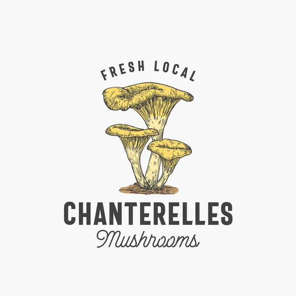 Fresh Local Mushrooms Abstrakt skylt, symbol eller logotyp mall. Handritade Färgglada Chanterelles Group med typografi. Koncept för ätbart växtvektoremblem. — Stock vektor