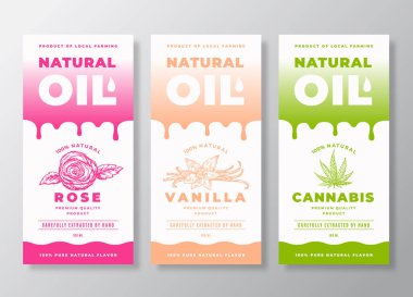 Doğal Yağ Soyut Vektör Paket Tasarımı veya Etiket Şablonları Koleksiyonu. Gradyan Damlaları ve El Çizimi Gülü, Vanilya ve Kenevir Yaprak Çizimi Silüeti Arkaplan Düzeni Ayarları.