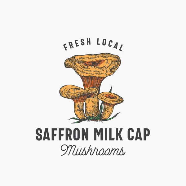 Cogumelos locais frescos Abstract Sign, Symbol or Logo Template. Mão desenhada colorido Saffron Milk Cap Group com tipografia. Conceito de Emblema de Vetor Vegetal Comestível. — Vetor de Stock