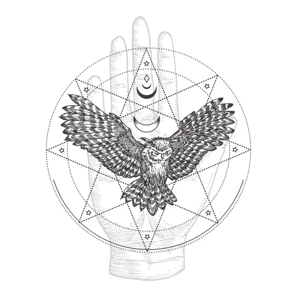 Abstract Occult Symbool, Vintage Style Logo of Tattoo Template. Met de hand getrokken vliegende zwarte uil en Palm Hand Schets Symbool en Geometrische Mystieke Magic Ornamenten en tekens. — Stockvector