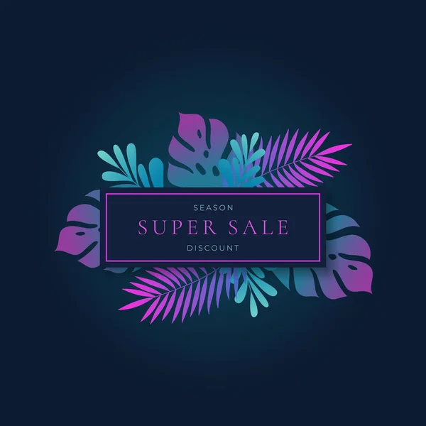 ( 영어 ) Fluorescent Gradient Monstera Tropic Leaves Summer Sale Rectangle Card, Banner Template. Trendy Retrovawe Colors Botanic Seasonal Advertising Layout with Typography. 발광하는 정글 오소리. — 스톡 벡터