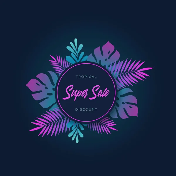 현 대의 Fluorescent Gradient Monstera Palm Tropic Leaves Summer Sale Card, Banner Template. Retro Wave Colors Botanic Seasonal Advertising Circle Layout with Typography. 발광하는 정글 오소리. — 스톡 벡터