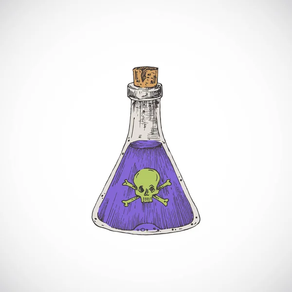 Kézzel rajzolt színes Halloween boszorkány méreg vagy Pottion flaska üveg Scull és Bones. Absztrakt Vektor Illusztráció vázlat. Nyaralás Doodle stílus Rajz. — Stock Vector