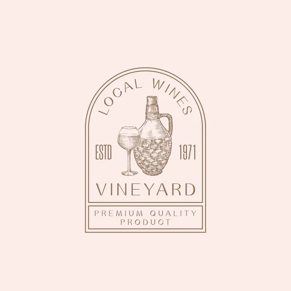 Vini locali Vigneto Moderna cornice segno o logo modello. Bottiglia di vimini disegnata a mano e schizzi di vetro con tipografia di classe. Emblema della bevanda premium. — Vettoriale Stock