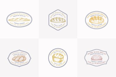 Kaliteli Ekmek Vektörü İşaretleri veya Logo Şablonları Koleksiyonu. El Tuğlası Loafs, Challa ve Baguette Sketches Typography ile set. Pastane Amblemleri Paketi. İzole edilmiş