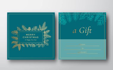 Yeni yıl ve noel soyut vektör tebrik kartı arkaplanı. Klas tipografi ile arka ve ön tasarım düzeni. Çam Dalı, Strobile, Holly ve Ökseotu olan bir çerçeve. İzole edilmiş