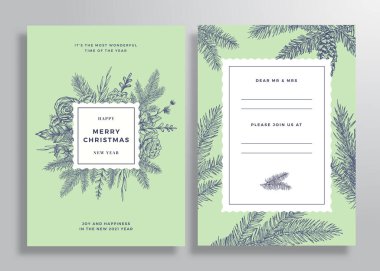 Noel Soyut Vektör Meydanı Tebrik Kartı, Poster veya Arkaplan. Arka ve Ön Davetiye Tasarımı Klas Typography ile. Çam dalları, Holly, Ökseotu ve Çiçekler. İzole edilmiş