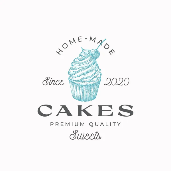 Hausgemachte Kuchen Premium-Qualität Süßwaren abstrakte Zeichen, Symbol oder Logo-Vorlage. Handgezeichnetes Bonbonstück mit Typografie. Bakery Vector Emblem Konzept. Isoliert — Stockvektor