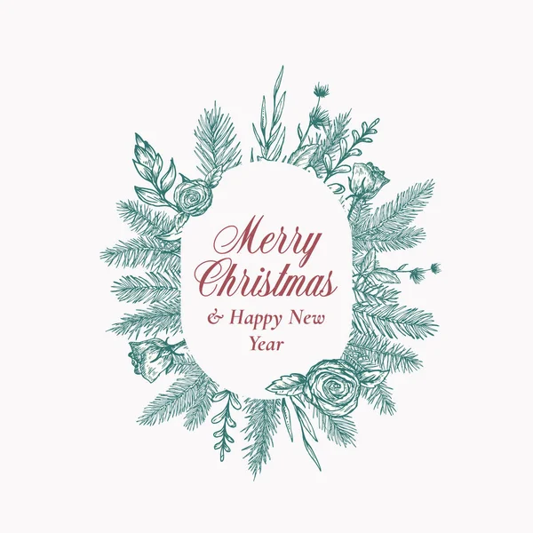 Merry Christmas Abstract Botanical Logo or Card with Oval Frame Banner and Modern Typography Hand Drawn Spruce або Pine Branches and Flowers. Пастельні кольорові вітання. Відокремлені — стоковий вектор