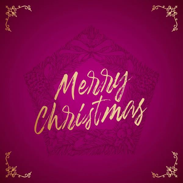 Veselé Vánoce Abstrakt Vector Retro Label, znamení nebo karta šablony. Ručně kreslená kresba věnec Pentagon Pine Sketch Ilustrace s štětcem jako Retro Golden Typography. Premium Purple Background — Stockový vektor