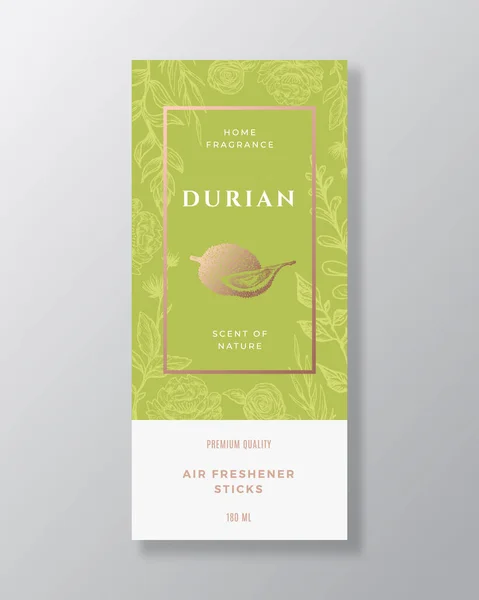 Durian Home Grance Abstrag Vector Label Template. Ручной рисунок Цветы, листья фона и ретро-типография. Premium Room духи упаковки дизайн макет. Реалистичный макет. Isolated — стоковый вектор