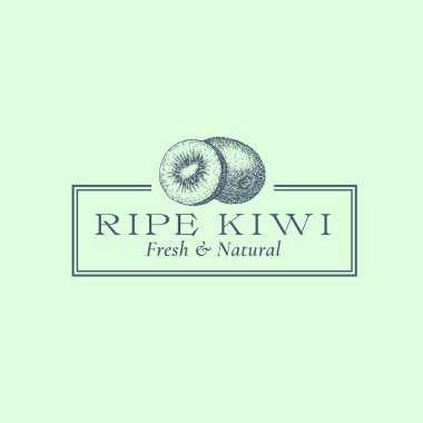 Kiwi Soyut Vektör İşareti, Sembol veya Logo Şablonu. Zarif Retro Typography ve Frame ile El Çizimi Fruit Sillhouette Sketch. Klasik Lüks Amblem. İzole edilmiş
