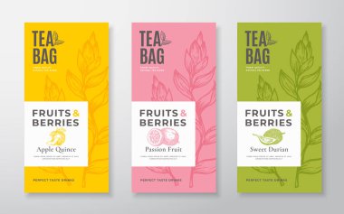 Exotic Fruits Tea Labels Set. Vector Packaging Design Layouts Bundle. Modern Typography, Hand Drawn Tea Leaves, Quince, Passion Fruit and Durian Silhouettes Background. Beverage Banners. Isolated