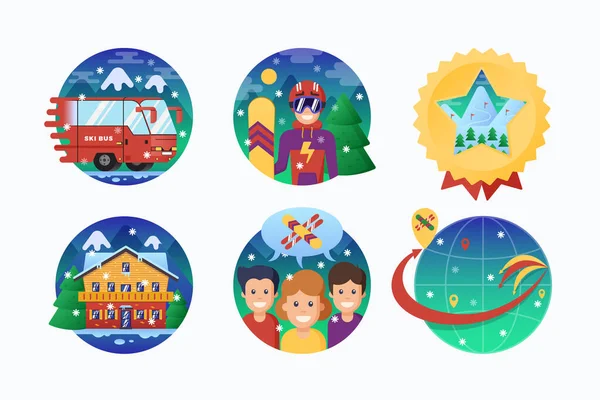 Ski or Snowboard Resort Icons Collection. Vector Circle Banners of Snowboarding Instructor, Ski Bus, Globe, Alpine Hotel and Like-Minded People with Snowflakes. Action Sports Emblems Set. Isolated — Stockový vektor