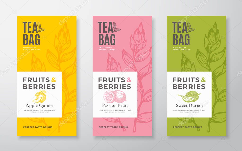 Exotic Fruits Tea Labels Set. Vector Packaging Design Layouts Bundle. Modern Typography, Hand Drawn Tea Leaves, Quince, Passion Fruit and Durian Silhouettes Background. Beverage Banners. Isolated