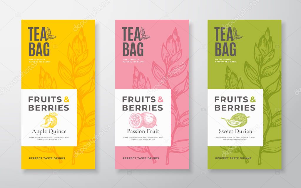 Exotic Fruits Tea Labels Set. Vector Packaging Design Layouts Bundle. Modern Typography, Hand Drawn Tea Leaves, Quince, Passion Fruit and Durian Silhouettes Background. Beverage Banners. Isolated.