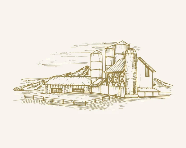 Illustrazione del vettore del paesaggio degli edifici rurali disegnati a mano. Fattoria con fienili, ascensore grano e montagne o Hills Sketch. Case di paese Doodle. Isolato — Vettoriale Stock