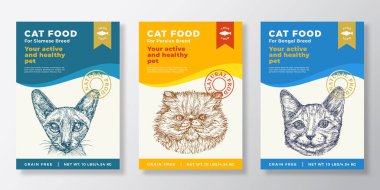 Cat Food Etiket Şablonları Ayarlandı. Soyut Vektör Tasarım Düzeni Koleksiyonu. El Yazması Bengal, Farsça ve Siyam Türleri Eskiz Yüzleri Arkaplanı olan tipografi afişleri. İzole edilmiş