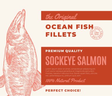 Kaliteli balık filetosu. Soyut Vektör Balık Paket Tasarımı veya Etiketi. Modern Typography and Hand Drawn Somon Somon Silueti Arkaplan Düzeni