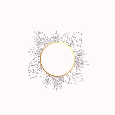 Monstera ve Fern Tropikal Yapraklar Boş Sancak veya Etiket Şablonu. Yuvarlak Altın Çerçeveli Soyut Yaprak. Düğün ya da Parti Davetiyesi için iyi. İzole edilmiş