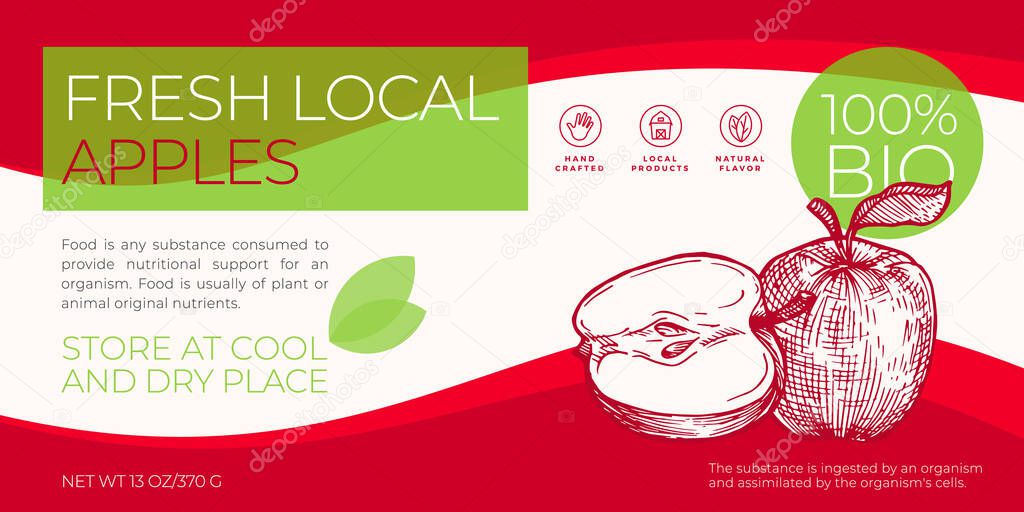 Fresh Local Fruits Label Template. Abstract Vector Packaging Horizontal Design Layout. Modern Typography Banner with Hand Drawn Apple with Slice Sketch Silhouette Background. Isolated