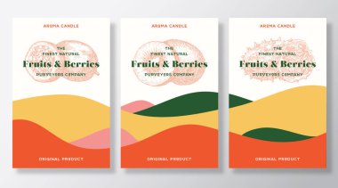 Aroma Mum Vektör Etiketleri Şablon Ayarları. Egzotik Meyve Koku Yerel Tedarikçileri Advert Design. Soyut Dalgalar Dekorasyonu ile Arkaplan Düzeni Koleksiyonunu Skeç. Doğal Koku Ürün Paket Metin Boşluğu