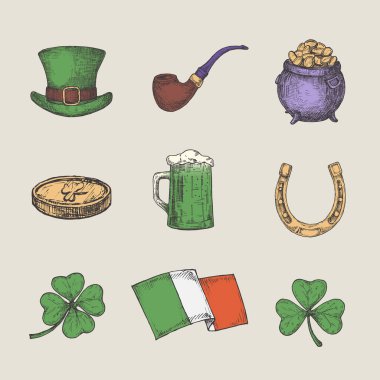 Retro Style Saint Patricks Illustrations Koleksiyonu. El Çizimi Cüce Şapka, Sikkeler, Yonca, İrlanda Bayrağı ve Bira Taslak Sembolleri veya Simgeler Kümesi. İrlanda Tatil Amblemleri Paketi. İzole edilmiş