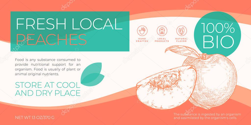 Fresh Local Fruits Label Template. Abstract Vector Packaging Horizontal Design Layout. Modern Typography Banner with Hand Drawn Peach with Slice Sketch Silhouette Background. Isolated