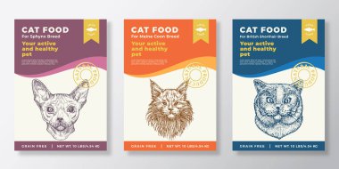 Cat Food Etiket Şablonları Ayarlandı. Soyut Vektör Tasarım Düzeni Koleksiyonu. El Çizimi Sphynx 'li tipografi afişleri, İngiliz Shorthair ve Maine Coon Sketch Faces Arka plan. İzole edilmiş