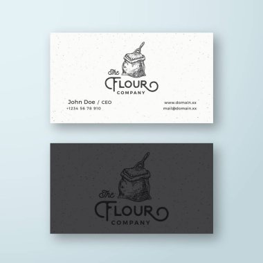 Un Şirketi Soyut Vektör Logosu ve İş Kartı Şablonu. Un Torbası veya Kepçe Çizimi ve Retro Typography ile Torba. Klasik Lüks Amblem. Premium Sabit Gerçekçi Mock Up. İzole edilmiş