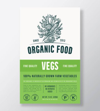 Organik Gıda Soyut Vektör Paket Tasarımı veya Etiket Şablonu. Çiftlik Yetiştirme Bayrağı. Modern Typography and Hand Drawn Sebzeler ve Herbs Skeç Arka plan Düzeni Yumuşak Gölgeli