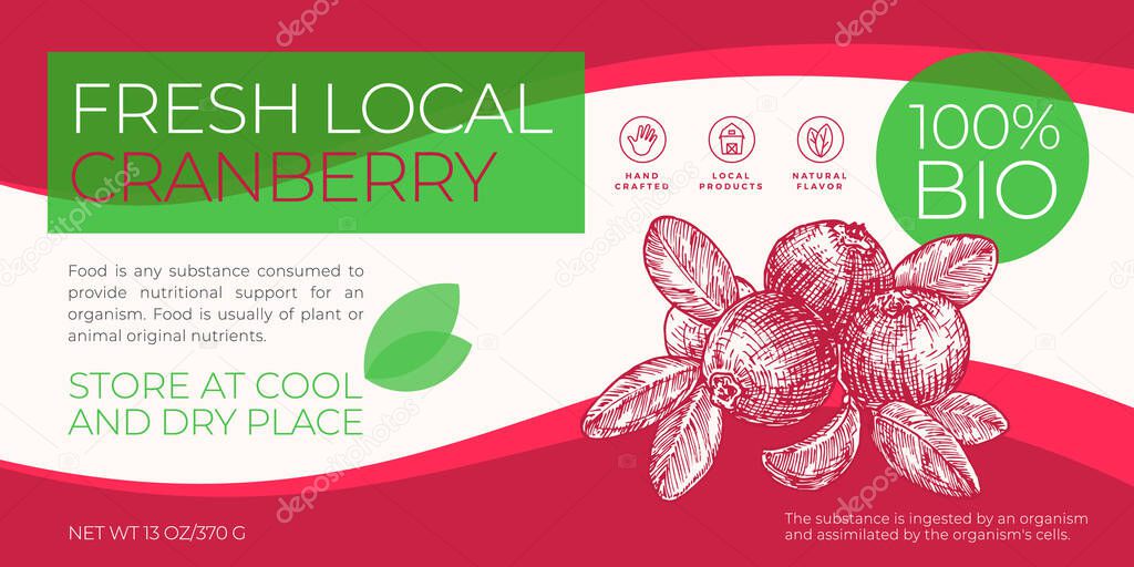 Fresh Local Fruits and Berries Label Template. Abstract Vector Packaging Horizontal Design Layout. Modern Typography Banner with Hand Drawn Cranberry Sketch Silhouette Background. Isolated