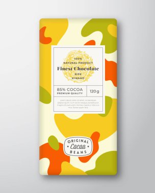Kiwano Çikolata Etiketi. Gerçekçi Gölgelerle Soyut Şekil Vektör Tasarım Düzeni. Modern Typography, Hand Drawn Fruit Silhouette ve Renkli Kamuflaj Model Arkaplanı. İzole edilmiş