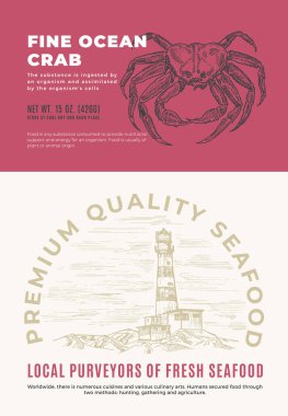 Güzel Okyanus Ürünleri. Soyut Vektör Paket Tasarımı veya Etiketi. Modern Tipografi ve El Çizimi Mürekkep Balığı Çizimi Silüeti Deniz Feneri Arkaplan Düzeni