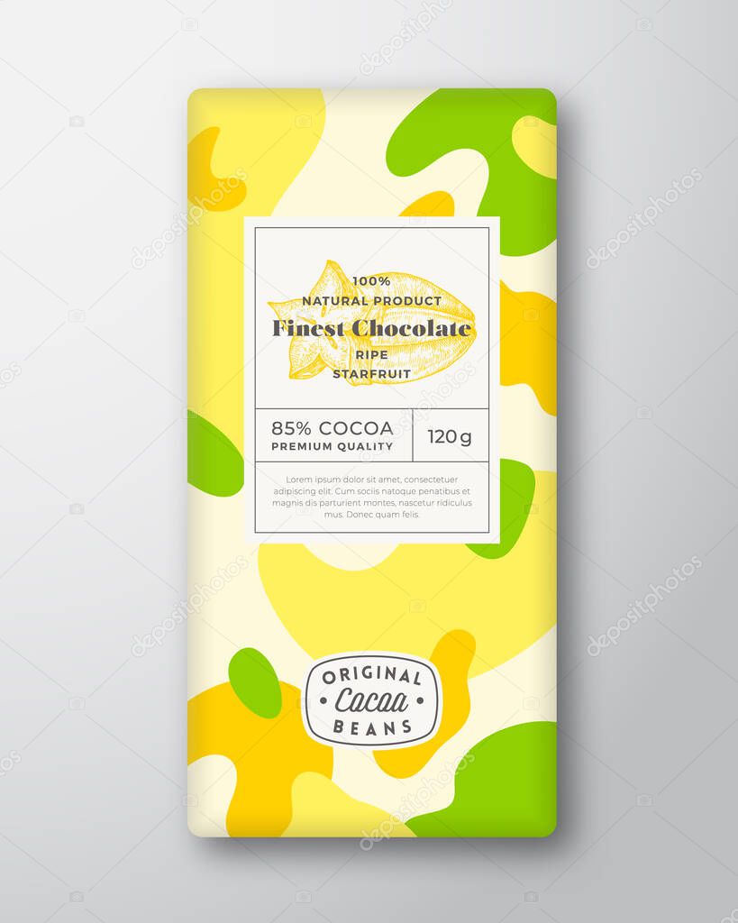 Starfruit Chocolate Label. Abstract Shapes Vector Packaging Design Layout with Realistic Shadows. Modern Typography, Hand Drawn Fruit Silhouette and Colorful Camouflage Pattern Background. Isolated