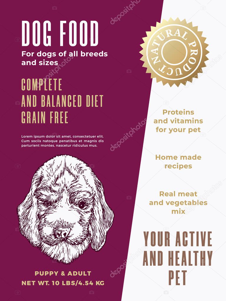 Pet Food Product Label Template. Abstract Vector Packaging Design Layout. Modern Typography Banner with Hand Drawn Beagle Dog Sketch Face Background. Isolated.
