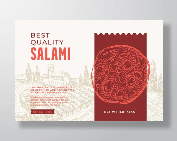 Modello di etichetta alimentare. Layout astratto del design del packaging vettoriale. Banner tipografico moderno con fetta di salsiccia di salame di carne disegnata a mano e sfondo paesaggistico rurale. Isolato — Vettoriale Stock