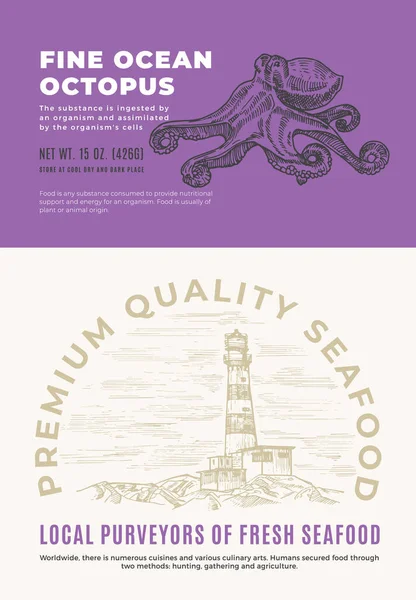Feine Meeresfrüchte. Abstraktes Vektorverpackungsdesign oder Etikett. Moderne Typografie und handgezeichnete Oktopus-Skizze Silhouette mit Meeresleuchtturm-Hintergrundlayout — Stockvektor