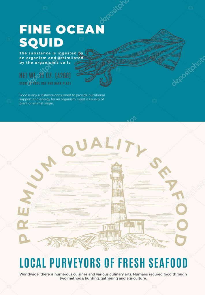 Fine Ocean Seafood. Abstract Vector Packaging Design or Label. Modern Typography and Hand Drawn Squid Sketch Silhouette with Sea Lighthouse Background Layout