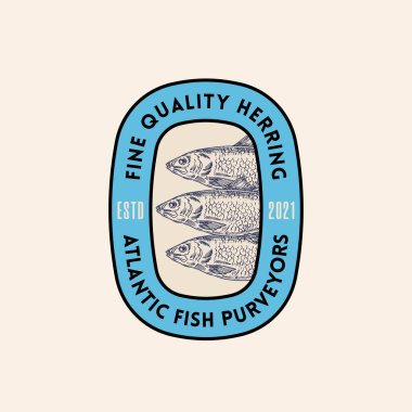 Kaliteli Atlantic Ringa Tedarikçileri. Soyut Vektör İşareti, Sembol veya Logo Şablonu. El yapımı ringa balığı ve kroki. Renkli Vektör Amblemi. İzole edilmiş